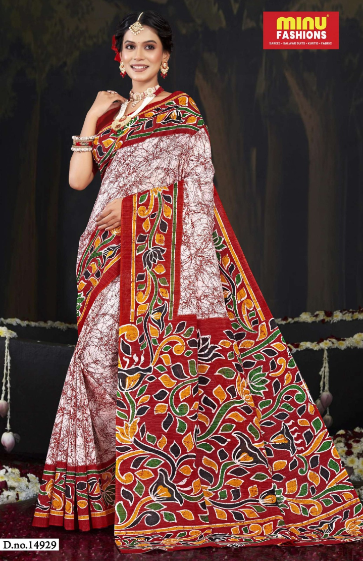 Minu batik Malai Cotton printed saree .