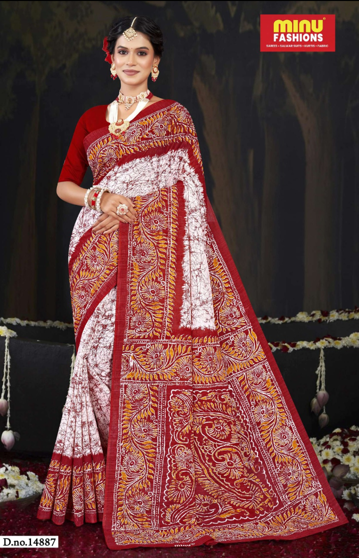 Minu batik Malai Cotton printed saree .
